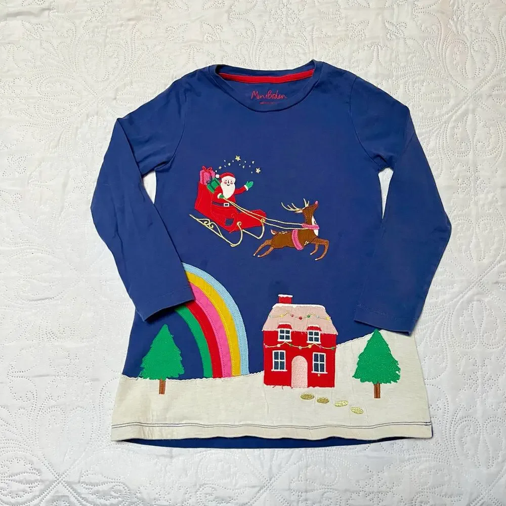 Mini Boden Rainbow Santa Appliqué Tunic Dress Size 6/7